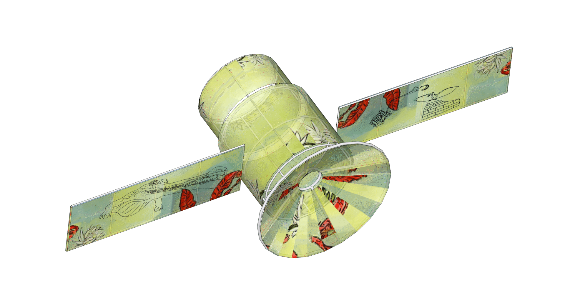 Descrição da imagem: Fotografia de um projeto tridimensional digital de um satélite. O corpo central é um cilindro verde-claro, inclinado na diagonal para a esquerda. Na extremidade frontal, há uma antena parabólica em formato de disco circular verde-claro, com uma pequena abertura circular no centro e, ao redor do disco, faixas em tons de verde e desenhos parciais de folhas vermelhas.
A partir da parte central do cilindro, estendem-se dois painéis solares retangulares e opostos, também em verde-claro. No painel da esquerda, há o desenho de um jacaré de boca alongada entre folhagens vermelhas. No painel da direita, o desenho de uma ave de asas abertas sobre uma mureta, também entre folhagens vermelhas. Fim da descrição da imagem.

