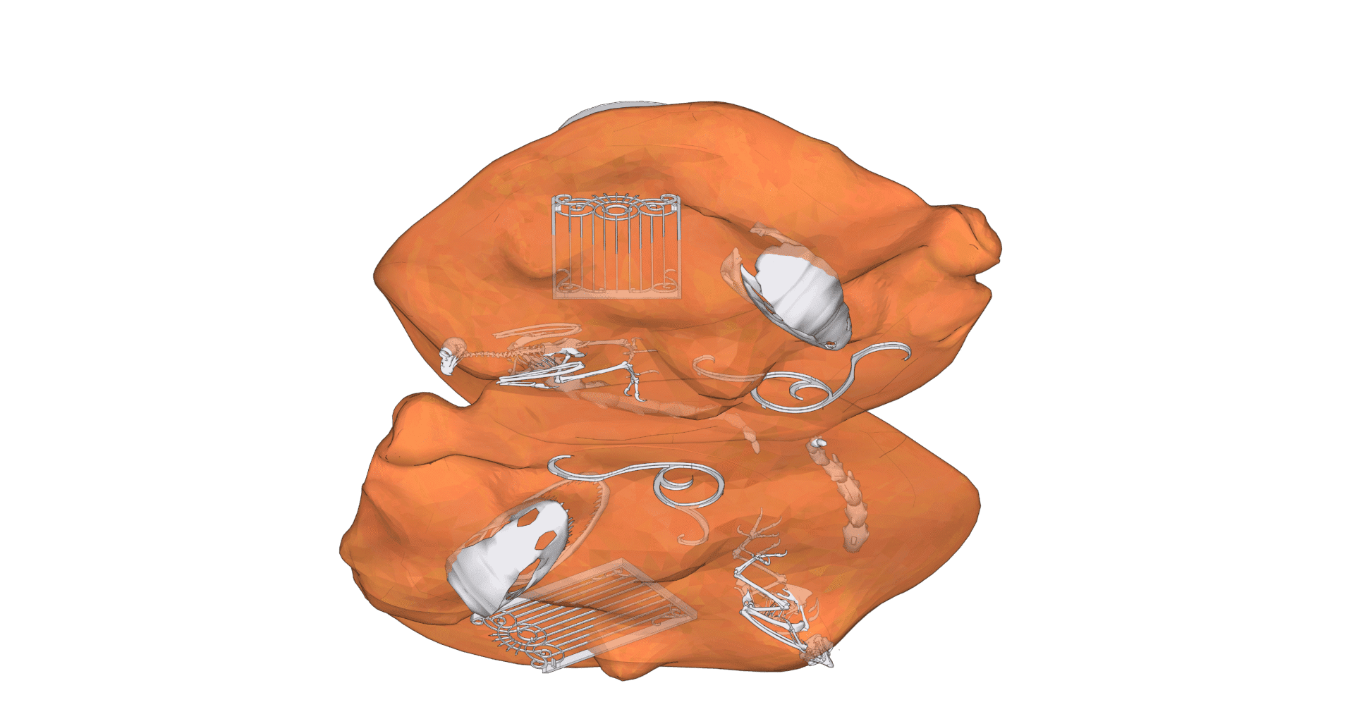 Descrição da imagem: Fotografia do projeto tridimensional digital. A massa de resina translúcida alaranjada, de superfície irregular, é vista por baixo. Presos a ela, estão os dois crânios, a vértebra, as peças ósseas, duas pequenas grades e os elementos curvos. Fim da descrição da imagem.
