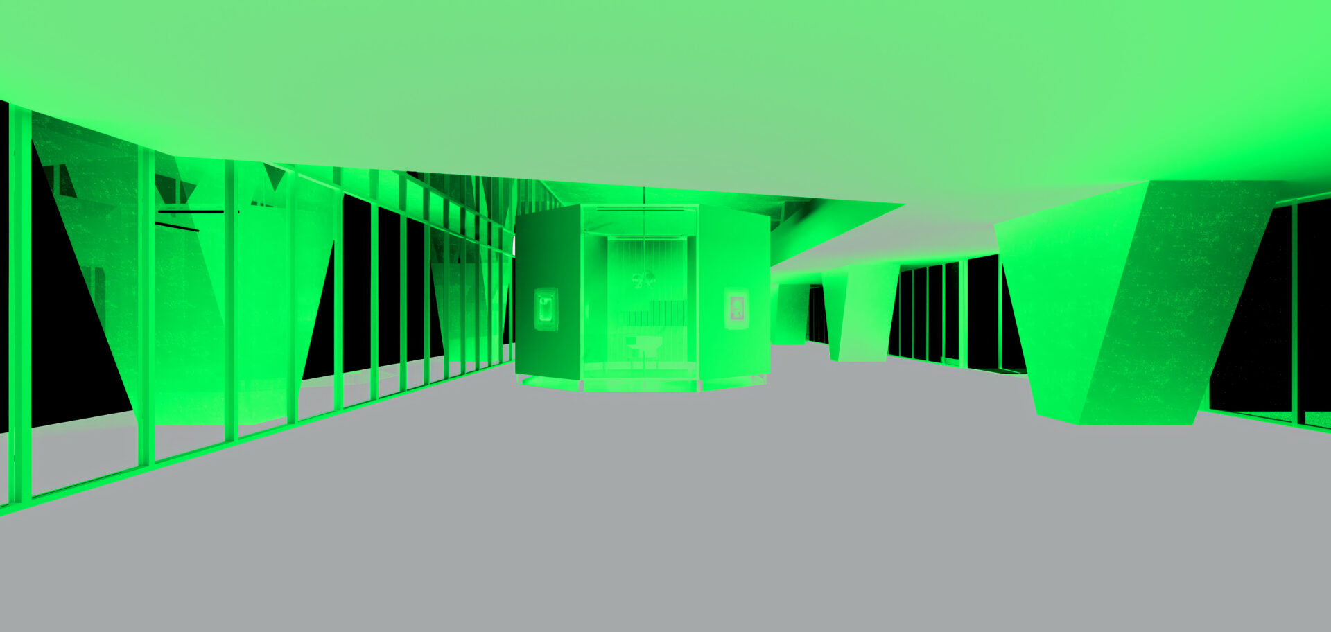 Descrição da imagem: Fotografia horizontal de um projeto expográfico do interior do térreo do MAC USP. O espaço é amplo, com teto verde neon de pé-direito baixo e piso cinza liso.
À esquerda, uma sequência de painéis de vidro entremeados por esquadrias verticais verde neon se estende ao longo do ambiente. À direita, pilotis de formato trapezoidal, também em verde neon, estão lado a lado, separados por intervalos,.
No centro do espaço interno, vista de frente, está a instalação Cabeça-d’Água, de Adriano Amaral, também em verde neon: uma estrutura octogonal com paredes altas, próximas ao teto. Sobre duas dessas paredes, há uma moldura com um desenho de impressão 3D.
Tudo o que está fora desse espaço aparece em preto na imagem, isolando visualmente o ambiente expográfico. Fim da descrição da imagem.
