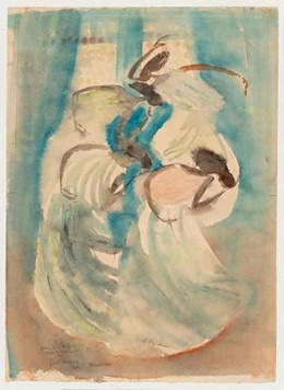 Descrição da imagem: Pintura em aquarela, com uma paleta de cores suaves composta por tons de azul, verde, branco e marrom. Três figuras femininas negras, com rostos sem traços visíveis, parecem dançar em um movimento fluido. Elas estão com vestidos brancos, longos e esvoaçantes, que se fundem às pinceladas ao redor, largas e soltas. O fundo é preenchido por manchas verticais em azul-turquesa, que remetem a cortinas, feixes de luz ou um ambiente mais abstrato. Fim da descrição.