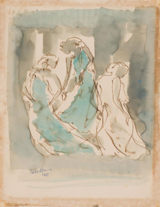 Descrição da imagem: Pintura mista em aquarela e contornos demarcados em linhas marrons, finas e contínuas. A composição apresenta três figuras femininas dispostas em sequência e com os corpos levemente curvados para os lados, como se dançassem. Elas usam vestidos longos e fluídos: as da esquerda e do centro estão de azul, enquanto a da direita está de branco. O fundo é composto por manchas verticais azuladas que remetem a colunas ou pilares. Fim da descrição. 