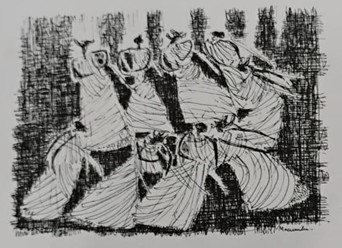 Descrição de imagem: Gravura em preto e branco composta por várias figuras femininas negras em movimento, organizadas em duas fileiras horizontais, uma acima e outra abaixo. As mulheres trajam longos vestidos, cujas formas são reforçadas por linhas curvas que sugerem movimento das saias. Algumas têm os braços erguidos, outras parecem segurar objetos. O fundo é preenchido com um padrão de linhas pretas verticais e horizontais cruzadas, que cria um contraste com as vestes brancas. Fim da descrição. 