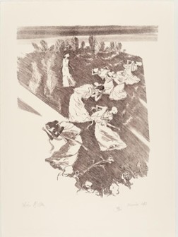 Descrição da imagem: Gravura monocromática, em tons sépia e preto, retrata diversas figuras femininas. A parte central da composição é formada por um grupo de mulheres com vestidos longos e claros, em diferentes posturas que sugerem dança ou movimento. As feições do rosto não são detalhadas. Algumas seguram objetos, outras parecem interagir entre si. Na parte superior da imagem, há uma linha densa e escura que remete ao horizonte, e um aglomerado de silhuetas de folhagens compridas. Fim da descrição. 