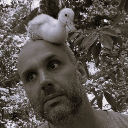 Imagem. Início da descrição de imagem: Retrato em close-up e tom sépia de um homem de pele clara, careca e com barba grisalha e cerrada. Ele olha para cima e para a direita com uma expressão de surpresa e curiosidade. No topo de sua cabeça, está pousado um pequeno pato de plumagem clara, que também olha para a direita. O artista veste uma camiseta simples. O fundo da imagem é composto por folhagens densas e árvores, sugerindo um ambiente externo natural e ensolarado. A composição é leve e humorística. Fim da descrição de imagem.