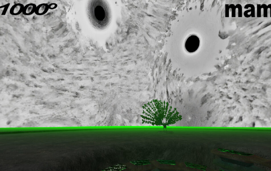 Imagem. Descrição da imagem: Imagem panorâmica de um ambiente digital surrealista. O fundo é composto por uma abóbada acinzentada com textura de pinceladas circulares, apresentando duas grandes esferas pretas que parecem buracos ou olhos. No horizonte, uma linha de luz verde neon separa o fundo do solo escuro. No centro, há uma figura que se assemelha a uma pequena árvore estilizada ou um pavão de cor verde vibrante. No canto superior esquerdo está escrito "1000°" e no direito "mam". Fim da descrição da imagem.