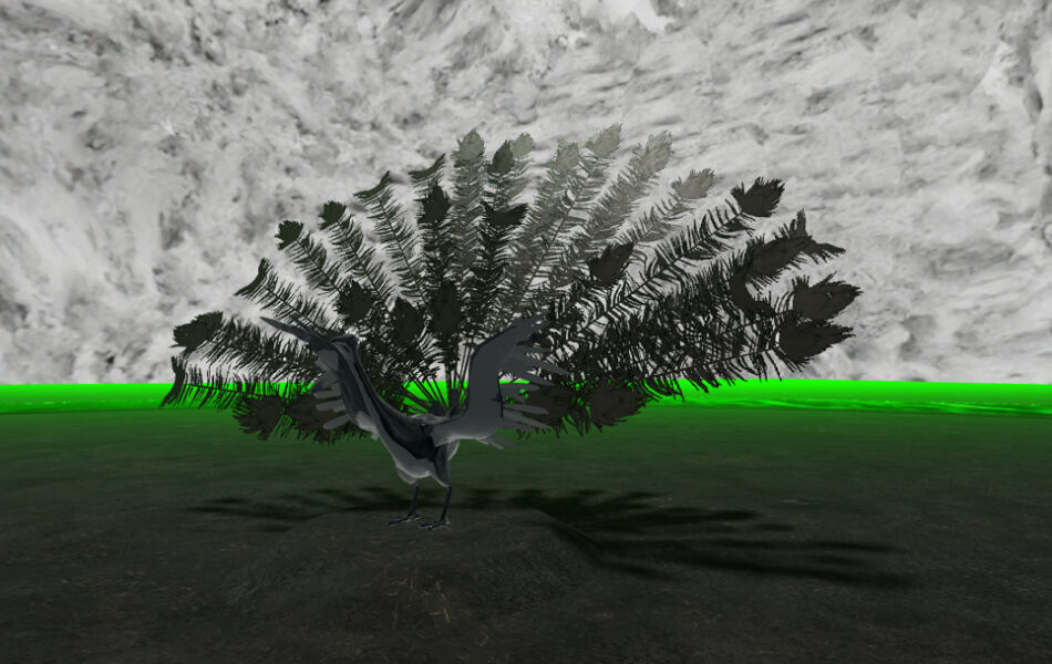 Imagem. Descrição da imagem: Uma renderização digital em 3D que mostra uma criatura híbrida, semelhante a um pavão negro, com as penas da cauda abertas em leque. O corpo da ave é escuro e reflexivo, posicionado sobre um pequeno monte de terra escura. O chão ao redor é de um verde neon vibrante e o fundo é composto por uma parede rochosa ou nublada em tons de cinza claro e branco. Fim da descrição da imagem.