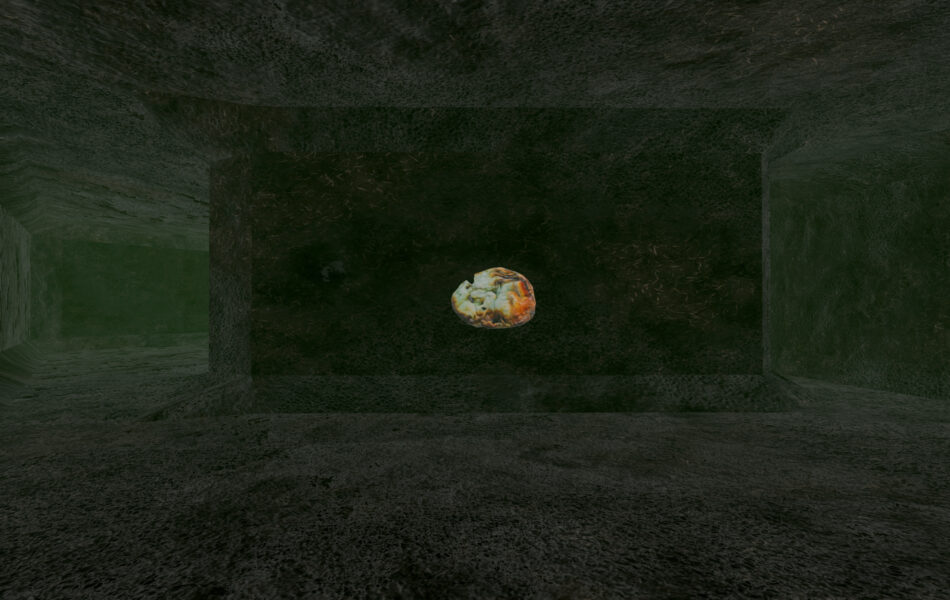 Imagem. Descrição da imagem: Vista de um ambiente digital que lembra um túnel ou galeria de pedra escura e rugosa. Ao centro da parede frontal, há um pequeno objeto circular e iluminado, que parece ser um fragmento mineral ou uma célula em tons de branco, amarelo e laranja. O ambiente é iluminado de forma pontual, criando sombras profundas nas extremidades do túnel. Fim da descrição da imagem.