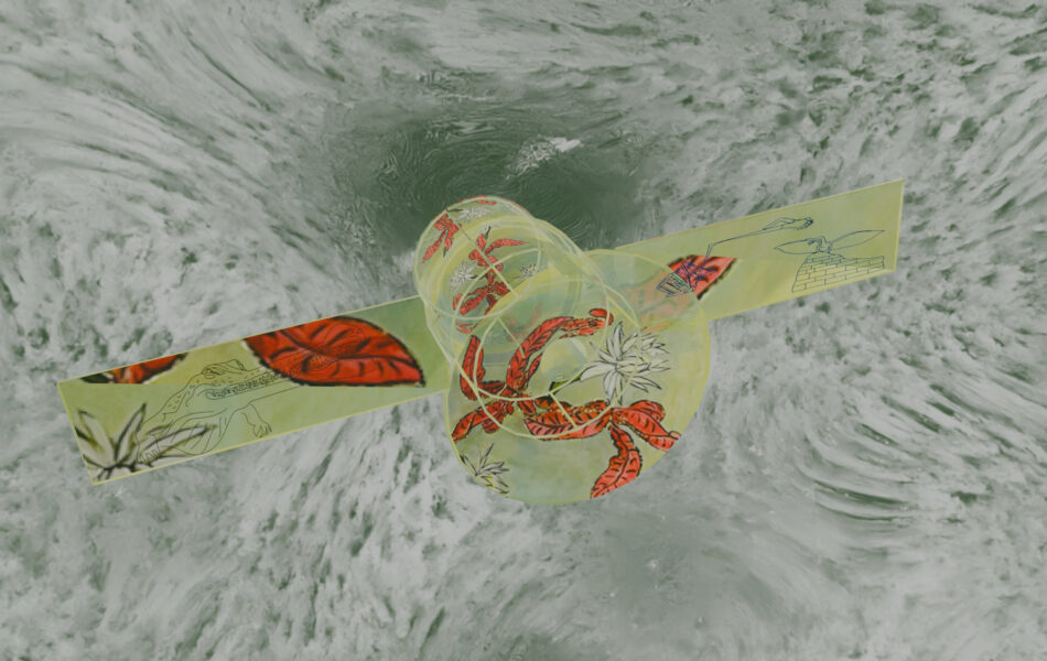 Imagem. Descrição da imagem: Vista superior de um objeto digital flutuante contra um fundo cinza turbulento, que lembra água em movimento ou fumaça. O objeto é composto por cilindros e planos amarelos translúcidos, sobrepostos por ilustrações de plantas, flores brancas e folhas vermelhas. O design assemelha-se a uma estrutura tecnológica ou satélite. Fim da descrição da imagem.