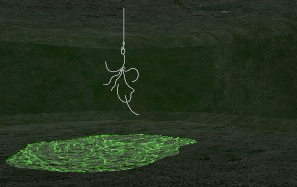 Imagem. Descrição da imagem: Captura de um ambiente digital escuro e cavernoso. No centro do teto, uma linha branca fina desce e termina em uma forma abstrata pendurada, que lembra um emaranhado de raízes ou um candelabro orgânico. Abaixo, no chão de textura rochosa, há uma poça de luz ou líquido verde neon brilhante com padrões ondulados, criando um contraste intenso com a escuridão ao redor. Fim da descrição da imagem.