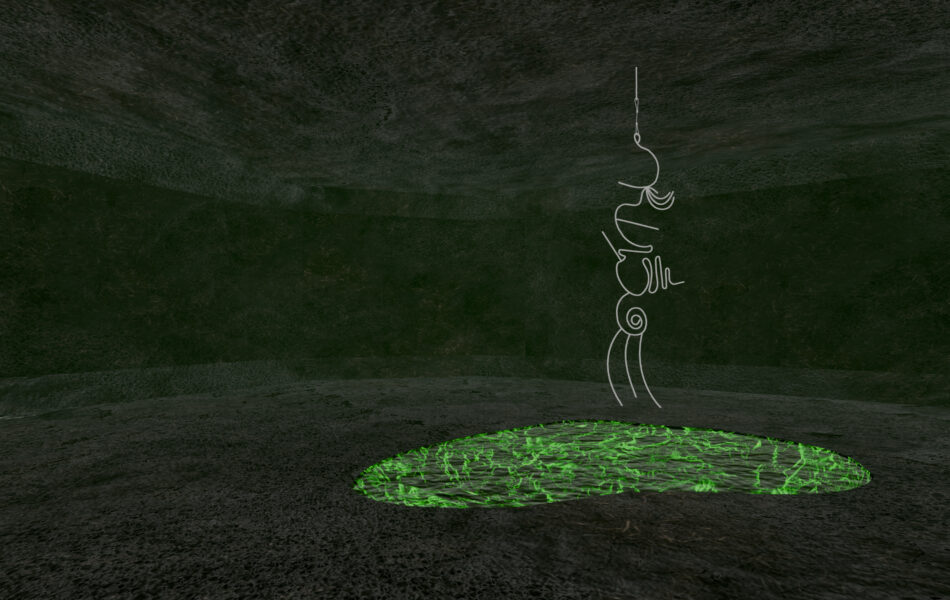 Descrição da imagem: Captura de um ambiente digital escuro e cavernoso. No centro do teto, uma linha branca fina desce e termina em uma forma abstrata pendurada, que lembra um emaranhado de raízes. O elemento suspenso por um fio branco possui uma estrutura mais alongada e vertical, composta por curvas e espirais sobrepostas. Abaixo dele, permanece uma mancha luminosa de cor verde vibrante no solo escuro. As paredes da galeria virtual têm uma tonalidade verde-oliva profunda e textura áspera. Fim da descrição da imagem.