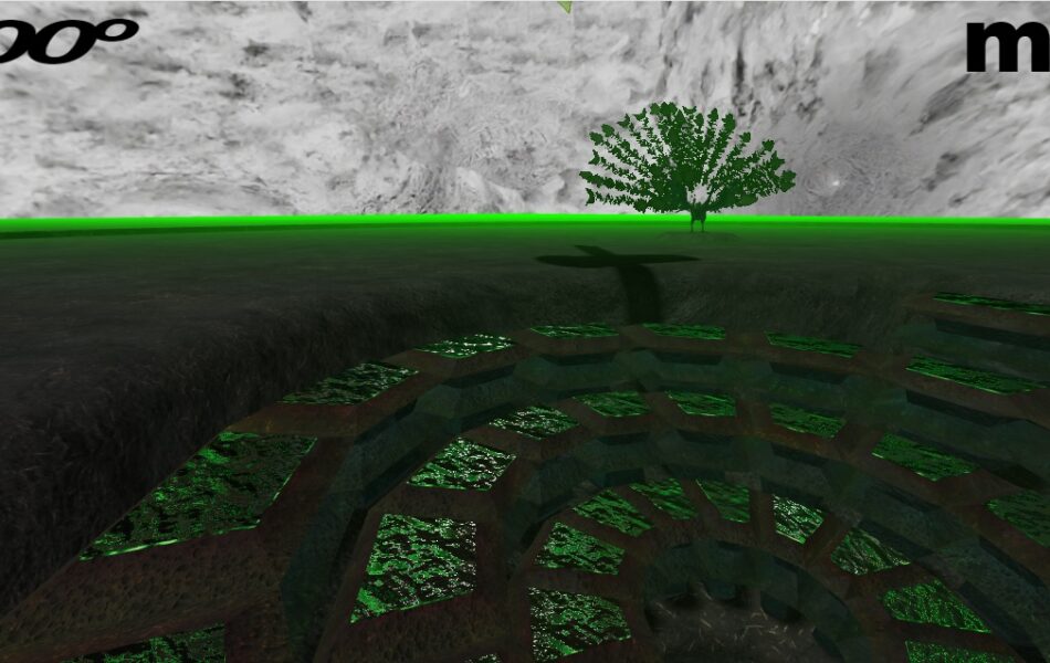 Imagem. Descrição da imagem: Uma captura de tela panorâmica de um ambiente digital tridimensional surrealista. O cenário é dividido em três planos principais: ao fundo, um céu ou parede curva em tons de cinza com texturas que lembram superfícies rochosas ou nuvens densas; no plano médio, um horizonte marcado por uma linha de luz verde neon vibrante e um solo plano escuro; e no primeiro plano, uma estrutura circular em espiral que desce para o centro da imagem. No horizonte, destaca-se uma forma que se assemelha a uma pequena árvore estilizada ou um pavão, totalmente na cor verde. A estrutura em espiral no primeiro plano é composta por blocos retangulares escuros com superfícies internas verdes brilhantes que simulam uma textura líquida ou cristalina. No canto superior esquerdo, lê-se o texto "1000°" em preto e, no canto superior direito, a palavra "mam", também em preto. Fim da descrição da imagem.